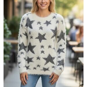 2/$15 Yoki Eyelash Star Sweater Cream Black Plush Furry Soft Pullover Size S